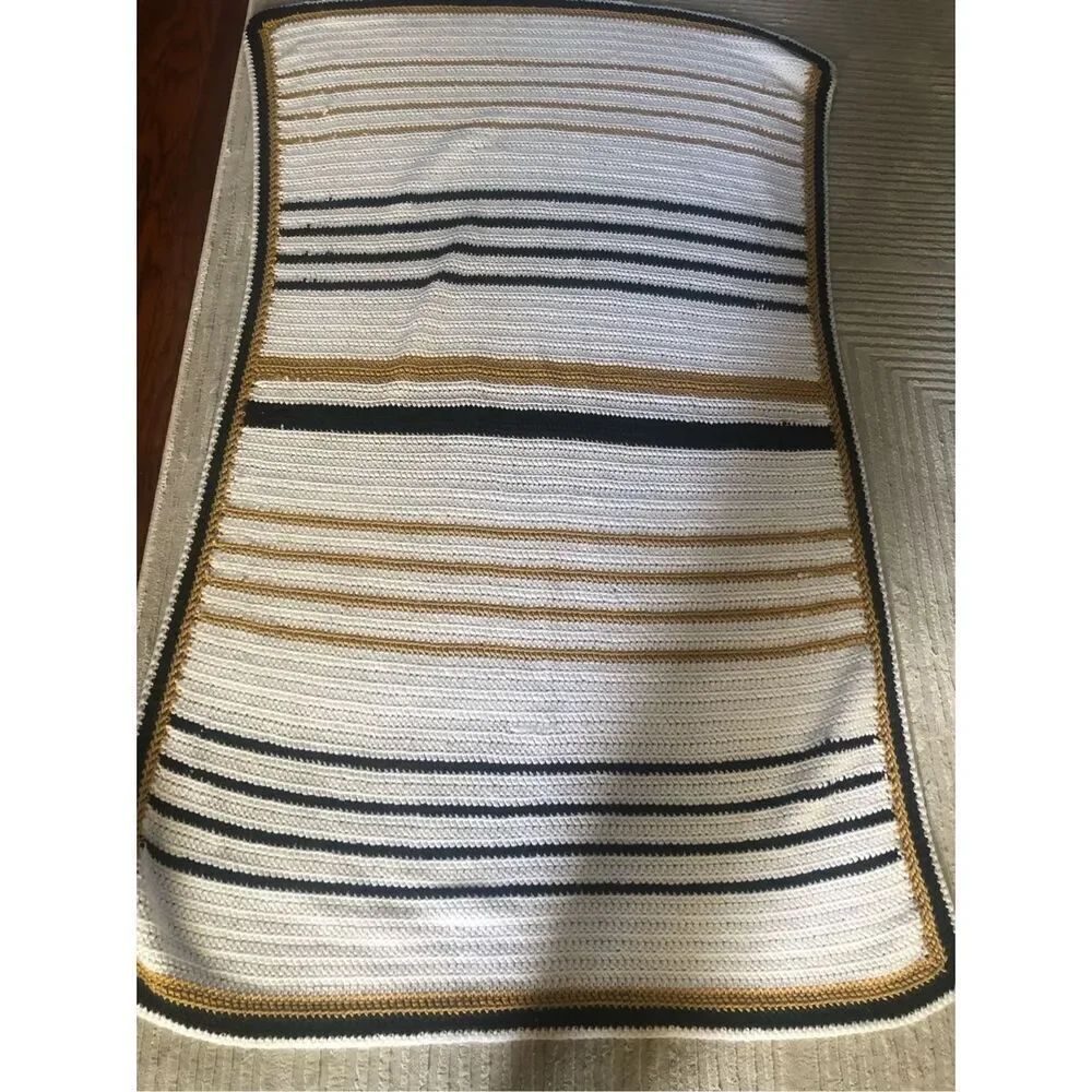Handmade Crochet Throw Blanket White Navy Mustard Striped 34x58